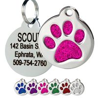 GoTags Paw Print Round Stainless Steel Pet Tag for Dogs and Cats, Personalized with 4 Lines of Custom Engraved ID, in Solid Stainless Steel and 5 Enameled Colors: Blue, Green, Pink, Purple and Red