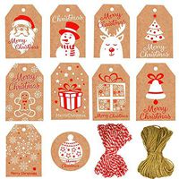 100 Pack Christmas Tags,Christmas Gift Tags 10 Designs Brown Kraft Paper Merry Christmas Tags with 20 Meters Twine String Tie for DIY Xmas Holiday Present Wrap Gift Tags