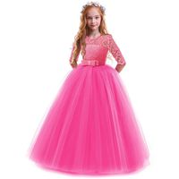 IBTOM CASTLE Spring Flower Girl Wedding Bridesmaid 3/4 Sleeves Kids Floral Lace Pageant Communion Princess Dress Prom Evening Dance Gown Hot Pink 3-4 Years
