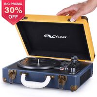 Vinyl Record Player, EZCHEER Vintage Turntable 3-Speed Wireless BT Record Player with Speakers, Suitcase Portable LP Vinyl Player, RCA Audio Output, 3.5mm AUX Input