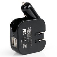 USB Charger 2-port 2.1A USB Wall Charger Car Charger All in One Design with Foldable AC Wall Plug DC Car Plug for iPhone 7/ 7 plus/ 6s/5s , iPad Air 2 / mini 3, Samsung, LG and More-Black