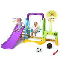Costzon 6 in 1 Toddler Climber and Swing Set, Climber Slide Playset w/Basketball Hoop, Football Gate, Learning Panel for Indoor & Backyard, Infant Playground Yard Games (6-in-1 Slide & Swing Set)