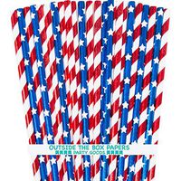 Patriotic Theme Foil Paper Straws - Red White Blue - Stars and Stripes - 7.75 Inches - Pack of 100 - Outside the Box Papers Brand