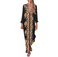 Kaftan Dresses for Women Boho Loose Tropical Oversized Sundress Pleat Tunic V Neck Long Maxi Dress JHKUNO D Black