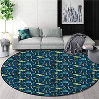 RUGSMAT Jurassic Modern Machine Washable Round Bath Mat,Evolution Marine Dinosaurs Printed Round Carpet for Children Bedroom Play Tent Diameter-47