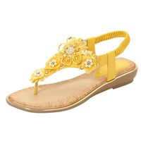 Cenglings Women Plus Size Clip Toe Flower Crystal Sandals T-Strap Flip Flops Sandals Beach Flat Shoes Platform Slingback Sandals(Yellow,42)