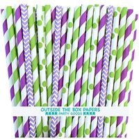 Outside the Box Papers Tinkerbell Theme Chevron,Polka Dot and Stripe Paper Straws 7.75 Inches 100 Pack Lime Green, Purple, Lilac, White
