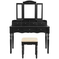 VASAGLE Vanity Makeup Set with 7 Drawers, 2 Brush Slots and 4 Open Compartments, Dressing Table with Tri-Fold Necklace Hooked Mirror, Solid Wood Legs, Cushioned Stool, Black