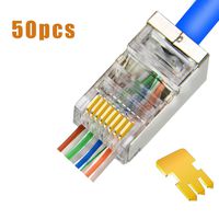 Cat6 Connectors Pass Through - Shielded RJ45 Pass Through Modular Plugs Gold Plated 3 Prong 8P8C Ethernet Ends for Solid Wire and UTP Stranded Cable(50pcs)