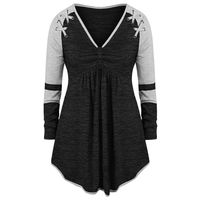 RUIVE Women's Plus Size Pullover V-Neck Patchwork Pleated Sweatshirt Grommet Ribbons Color Casual Tops Blouse Black