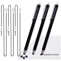 3pcs Stylus Pen 5.5" with Replaceable Thin-Tip - Universal Capacitive High Precision Styli + Replacement Tips, Elastic Lanyards + Cleaning Cloth, by The Friendly Swede (Black)