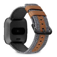 Jobese Compatible with Fitbit Versa/Versa 2/Versa Lite/SE, Classic Canvas Fabric Straps with Genuine Leather Replacement Accessories Wristbands with Silver Black Buckle, Men Women