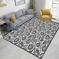 Black and White Animals Girls Rooms Nursery Decor Mats, Simple Floral Motifs Tropical Island Vegetation in Monochrome Doodle Style, Easy Maintenance Area Rug Living Room Bedroom Carpet(2'x 3')