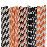 Halloween Paper Straw Mix - Orange and Black - Striped, Polka Dot, Chevron (75)