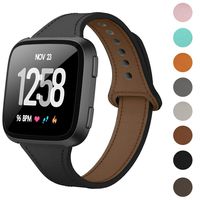 DAIKA Leather Bands Compatible with Fitbit Versa/Versa 2/Versa Lite for Women Men Slim Soft Replacement Strap for Fitbit Versa Smart Watch(L/6.8"-8.9",Black)
