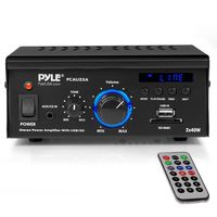 Home Audio Power Amplifier System - 2x40W Dual Channel Mini Theater Power Stereo Sound Receiver Box w/USB, RCA, AUX, LED, Remote, 12V Adapter - for Speaker, iPhone, Studio Use - Pyle PCAU25A