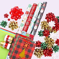 Sattiyrch Wrapping Paper Set: 4 Rolls of Premium Gift Wrap (147 sq. ft.) with 31 Coordinated Bows, 5 Ribbons, and 50 Name Gift Tags with 3pcs Bonus Euro Tote and 20pcs Tissue Paper