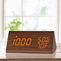 Digital Alarm Clock, with Wooden Electronic LED Time Display, 3 Alarm Settings, Humidity & Temperature Detect, Wood Made Electric Clocks for Bedroom, Bedside, Brown