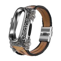 Xiaomi Band 4 Replacement Strap Mi 4 Smart Watch Wristbands Replacement Stainless Steel+Genuine Leather Length 240mm for Xiaomi Mi Band 4 Bracelet with Film (Brown)