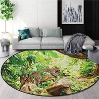 Safari Modern Machine Washable Round Bath Mat,Leopard On The Branch In Savanna Exotic Macro Tropical Leaf Jungle Wild Nature Art Non-Slip Living Room Soft Floor Mat Diameter-51 Inch,Brown Green