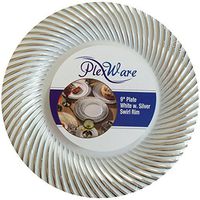 Plexware White Plastic Plates With Silver Swirl Rim 9 Inch- Total 120 Plates