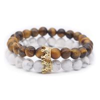 POSHFEEL 8mm Natural Stone CZ Micro Pave Crown King Queen Beads His and Hers Couple Bracelet, Tiger Eye Stone & Howlite, 7.5"