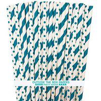 Teal and White Paper Drinking Straws - Stripe Polka Dot - 100 Pack - Outside the Box Papers Brand