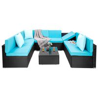 PAMAPIC 9 Pieces Patio Furniture，Outdoor Rattan Sectional Sofa Conversation Set with Tea Table and Washable Cushions, Blue