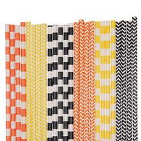 Orange, Black and Yellow Paper Straw Mix - Striped, Chevron (75)