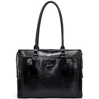 Womens Briefcase Oil Wax Genuine Leather 15.6 Inch Laptop Business Vintage Ladies Shoulder Bag Black