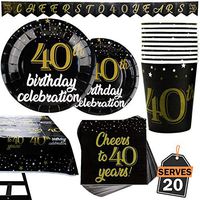 82 Piece 40th Birthday Party Supplies Set Including Plates, Cups, Napkins, Banner and Tablecloth, Serves 20