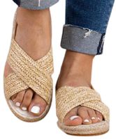 Women Flat Sandals Shoes Summer Straw Hemp Elastic Band Casual Shoes Beach Sandals by Gyouanime Khaki