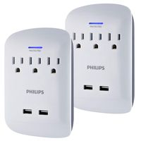 PHILIPS 3-Outlet Surge Protector Wall Tap with 2 USB Ports, 2 Pack, Compact Adapter, 900 Joules, Space Saving, White, SPP6236WB/37