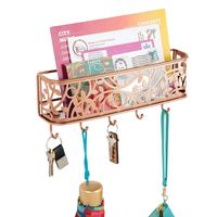 mDesign Wall Mount Metal Entryway Storage Organizer Mail Sorter Basket with 5 Hooks - Letter, Magazine, Coat, Leash and Key Holder for Entryway, Mudroom, Hallway, Kitchen, Office - Copper