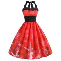 Women Retro Halter Neck Mini Dress Christmas Santa Claus Printed Party Prom Swing Dress (M, Red)