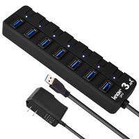 Knox 7 Port USB Hub - Universal High Speed USB 3.0 with Individual Switches and LED Lights - Dual 5v Power Adapter or USB - Compact Desk Charging Station, Data Center, Computer Accessories Splitter