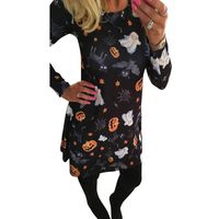 Kimloog S~XL Casual Women Halloween Pumpkin Skull Print Long Sleeve Party Swing Mini Dress (S)