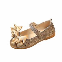 Minisoya Children Toddler Baby Girls Fashion Bling Glitter Princess Sandals Bowknot Dance Nubuck Leather Single Shoes (Gold, Age:4.5-5T)