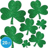 Lucky Irish Green St Patrick's Day Mini Glittered Shamrock Assorted Cutouts Party Decoration, Paper, (2 Packs of 10)