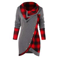 Adreamess Women Blouse Winter Long Sleeve Plaid Patchwork Turtleneck Tartan Tunic Sweatshirt Pullover Tops (Grey, L)
