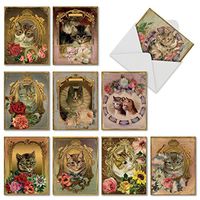10 Vintage Cat Note Cards with Envelopes, ‘Feline Frames’ Blank Greeting Cards for All Occasions, Stationery Set for Weddings, Holidays, Birthdays (4” x 5 ¼”) - NobleWorks , M6638OCB