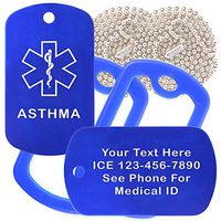 Custom 2 Pack - Asthma Medical Alert ID Necklaces with Blue Custom Tags, Blue Silencers, and 30'' USA Chains