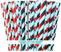 Outside the Box Papers Casino Night Theme Striped and Card Design Paper Straws 7.75 Inches Pack of 100 Black, White, Red