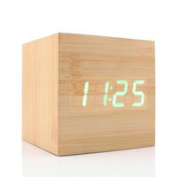Wooden Alarm Clock, USB Digital Retro Clock Voice Control Display Time, Date, Week and Temp