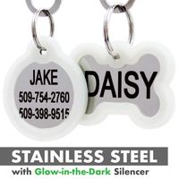 GoTags Personalized Dog Tags in Stainless Steel, Includes Glow in The Dark Tag Silencer to Reduce Noise and Protect Tag and Engraving, No Noise, Quiet Pet Tags, 2 Side Engraving, (Bone Shape)