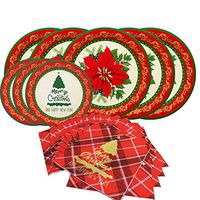 Christmas Flower Disposable Paper Dinnerware Set-Serves 50- Includes 10 Inch Poinsettia Paper Dinner Plates, Vintage Dessert Plates and Paper Napkins