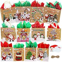 Winlyn 14 Set Assorted Christmas Prints Gift Bags Xmas Party Favors Bags Holiday Gift Bags Goody Bags Brown Kraft Paper Bags Festive Bags Small Medium Large for Kids Classroom School Gift Wrapping