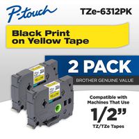 Brother Genuine P-Touch, TZe-6312Pk Tape ½" (12mm) 2-Pack Laminated P-Touch Tape, Black On Yellow Perfect for Indoor Or Outdoor Use, Water Resistant, 26.2 Ft. (8M)