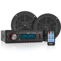 Marine Headunit Receiver Speaker Kit - In-Dash LCD Digital Stereo w/ AM FM Radio System 5.25'' Waterproof Cone Speakers (2) MP3/USB/SD Readers Aux Input Single DIN & Remote Control - Pyle PLMRKT12BK
