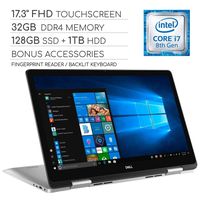 Dell Inspiron 17 7000 Series 2019 2-in-1 17.3" FHD Touchscreen Laptop, 4-Core Intel Core i7-8565U 1.8GHz, 32GB RAM, 128GB SSD + 1TB HDD, Backlit Keyboard, Wi-Fi, Bluetooth, Webcam, HDMI, Windows 10